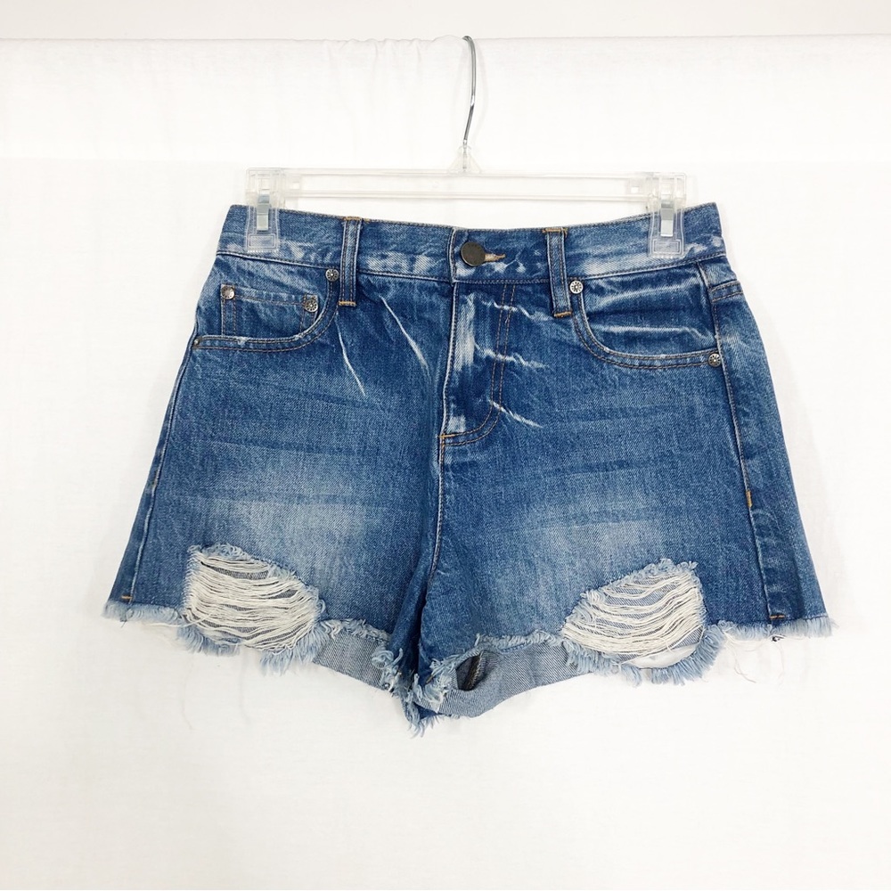 Alice+Olivia You Look Amazing High Rise Distressed Shortie Jean Shorts, Size 25